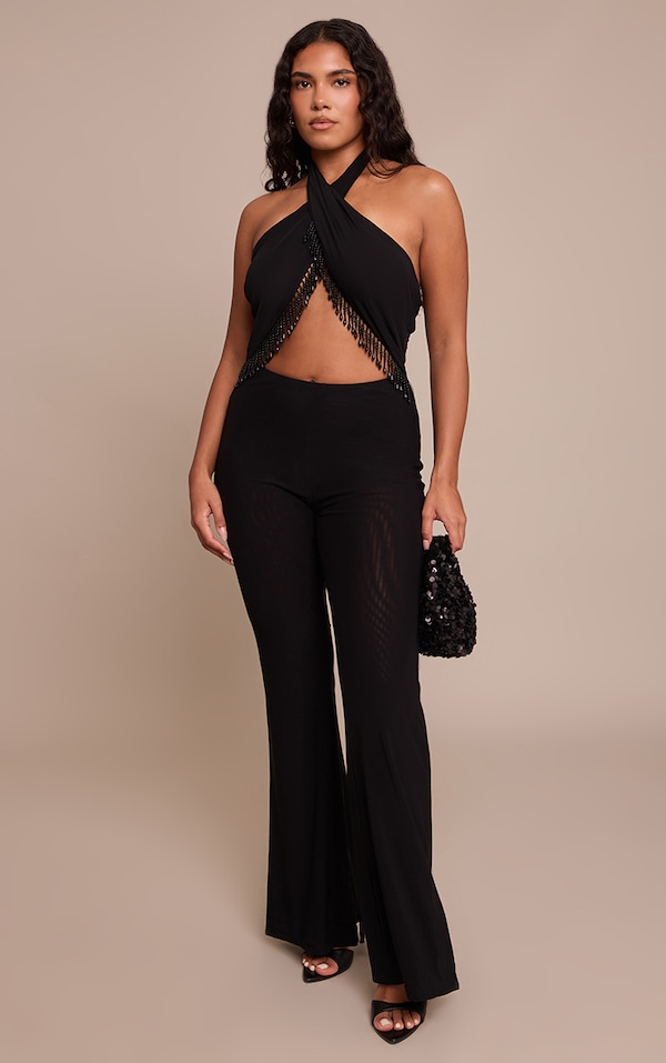 Shape Black Halter Neck Beaded Trim Flared Jumpsuit
