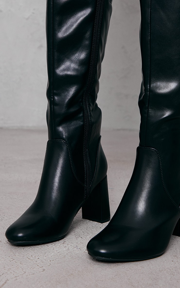 Black Pu Round Toe Mid Flat Heeled Knee High Boots image 3