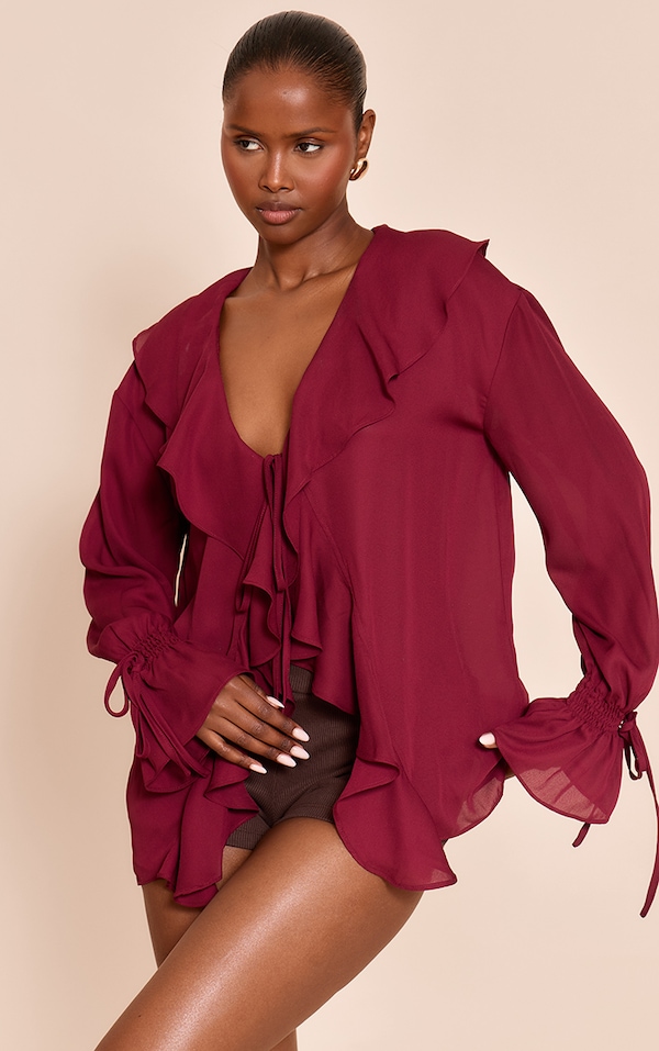 Wine Chiffon Ruffle Tie Front Blouse