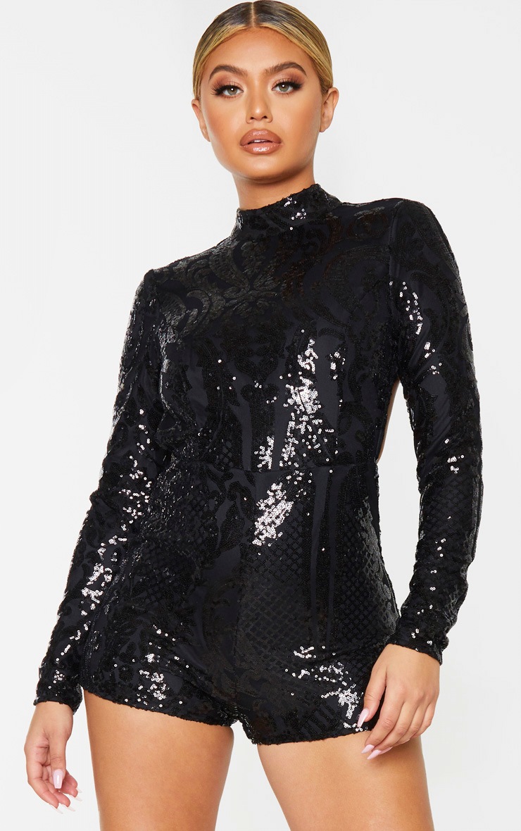 Combishort noir dos nu à motifs en sequins