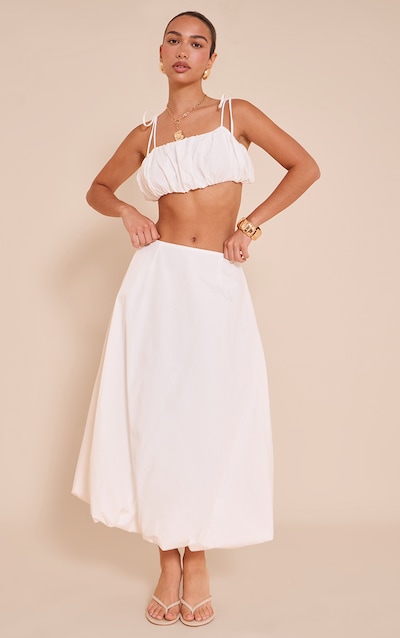 White Cotton Poplin Low Rise Maxi Puff Ball Skirt