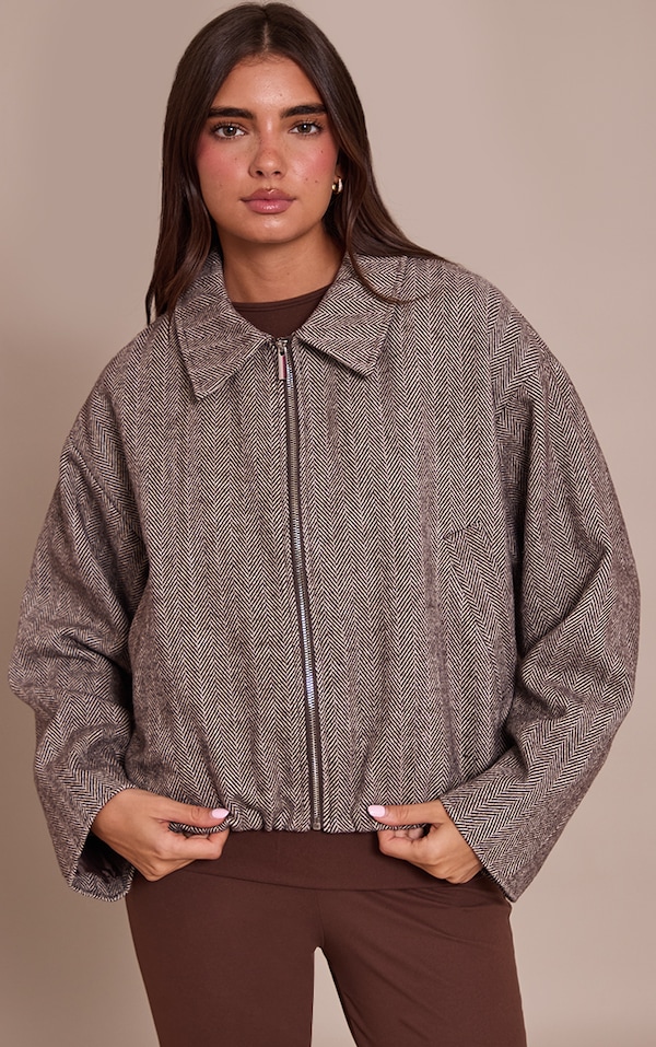 Chocolate Herringbone Bomber Jacket