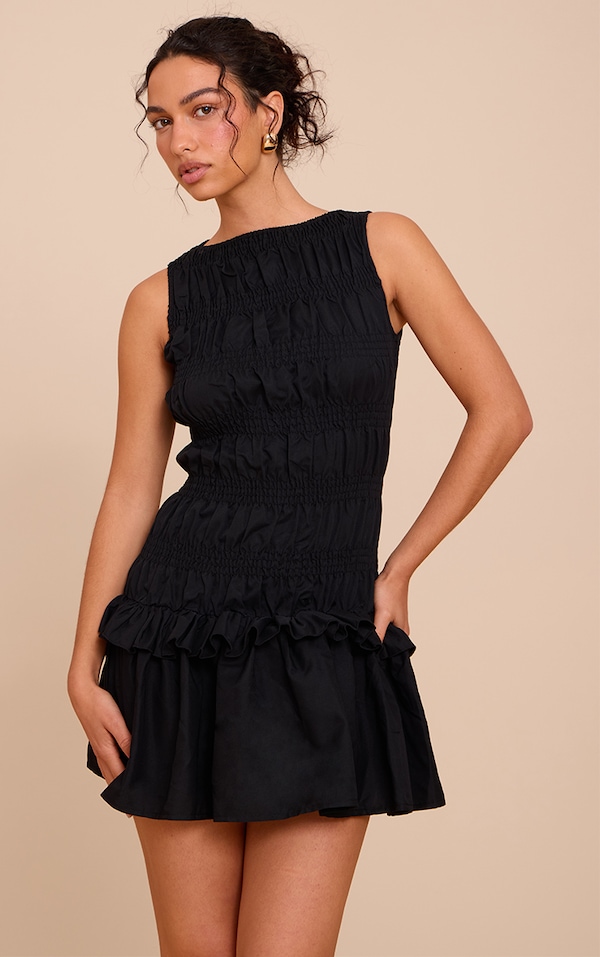 Black Tailored Shirred Frill Shift Dress