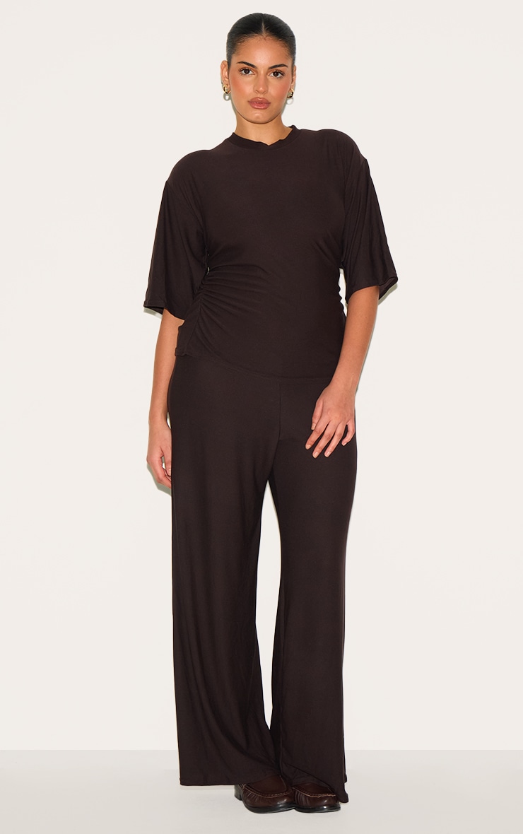 Plus Pantalon large doux chocolat à taille mi-haute image 1