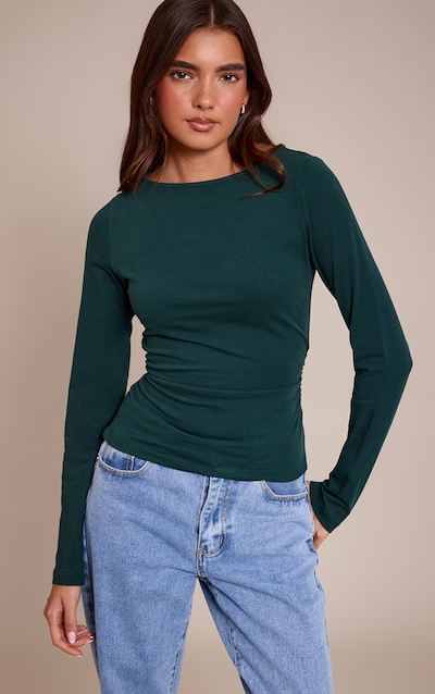 Forest Green Soft Cotton Ruched Side Long Sleeve Top