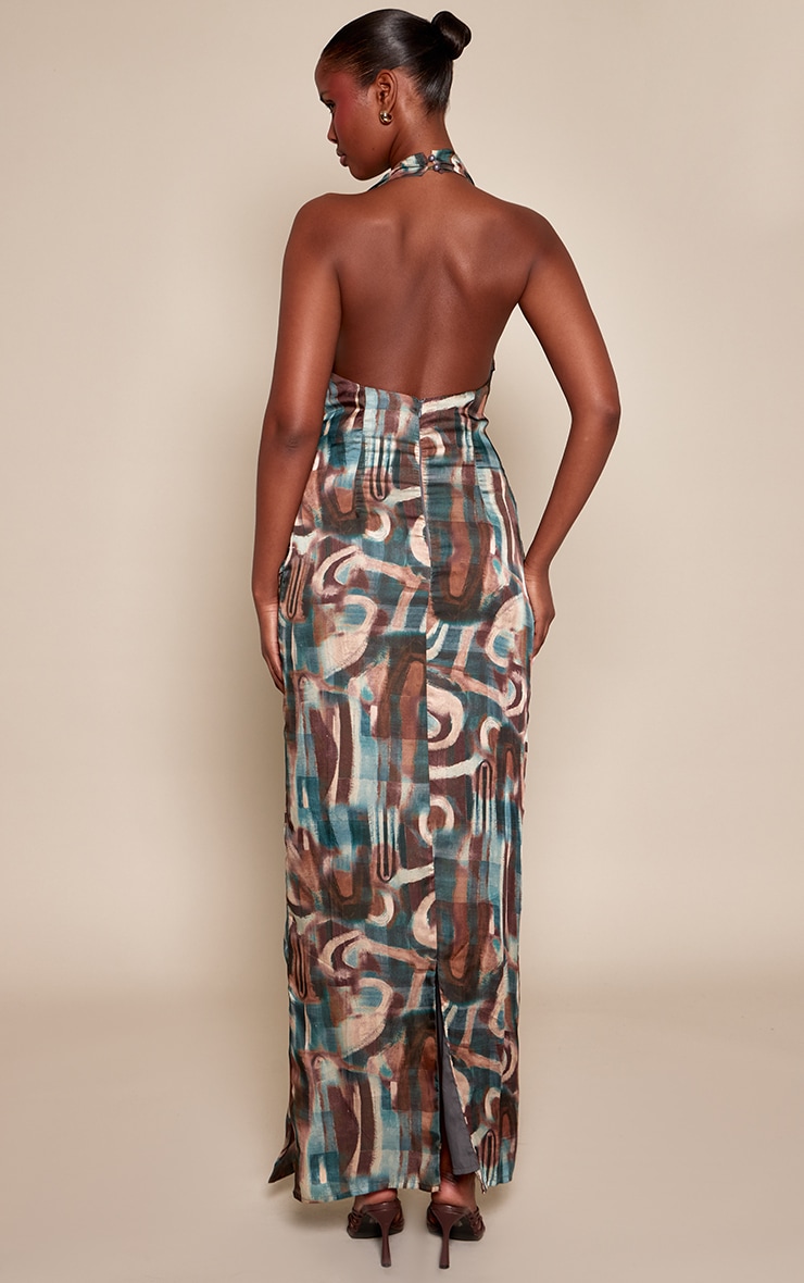 Blue Multi Abstract Cowl Neck Tie Front Maxi Dress image 2