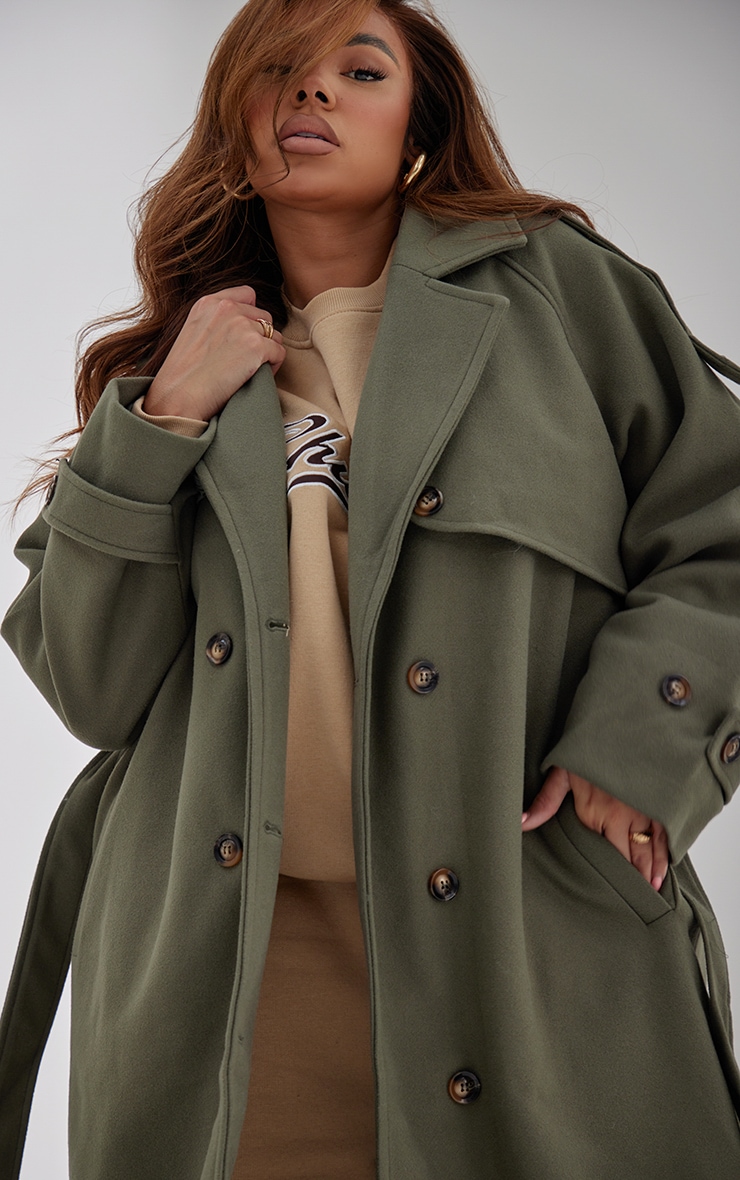 Plus Khaki Oversized Double Breasted Military Trim Coat image 4