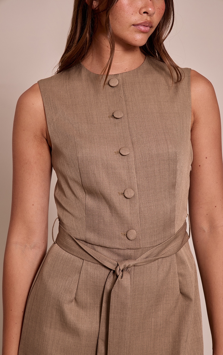 Taupe Woven Button Tie Belt Wide Leg Jumpsuit image 4