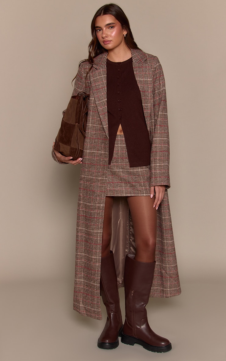 Brown Tartan Wool Look Coat image 3