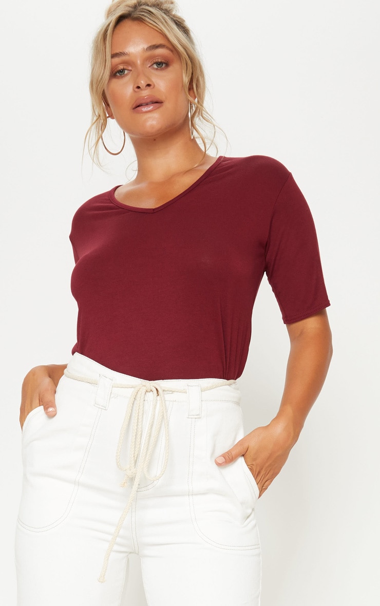 Basic Maroon V Neck T Shirt
