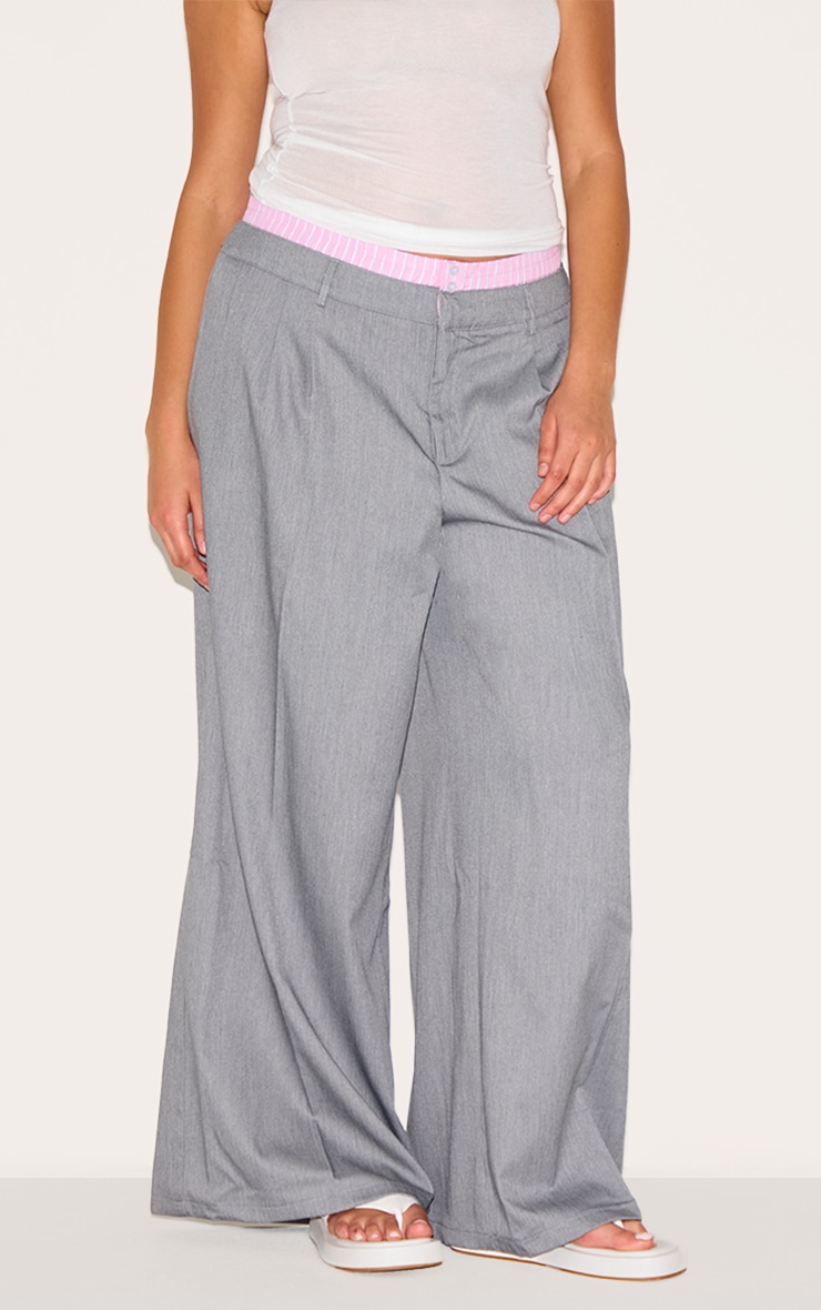 Plus Grey Woven Contrast Stripe Boxer Detail Straight Leg Pants image 1