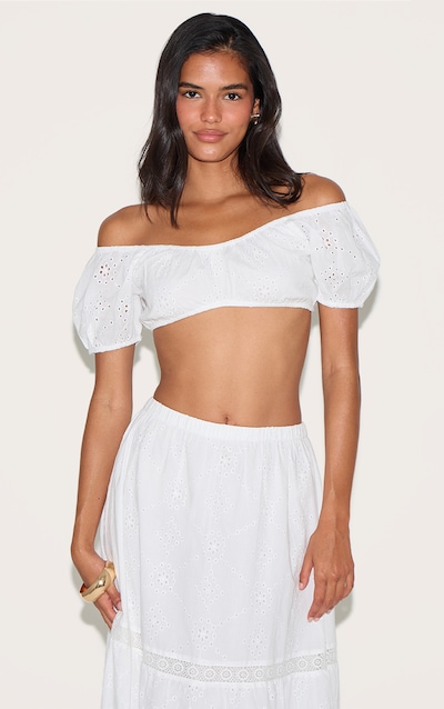 Crop top brodé blanc à col bardot