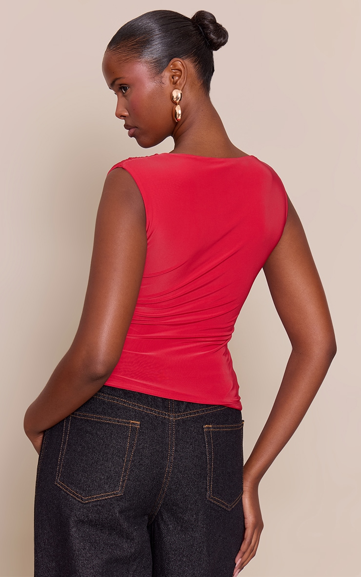 Red Double Layer Slinky Drapey Cowl Neck Top image 2