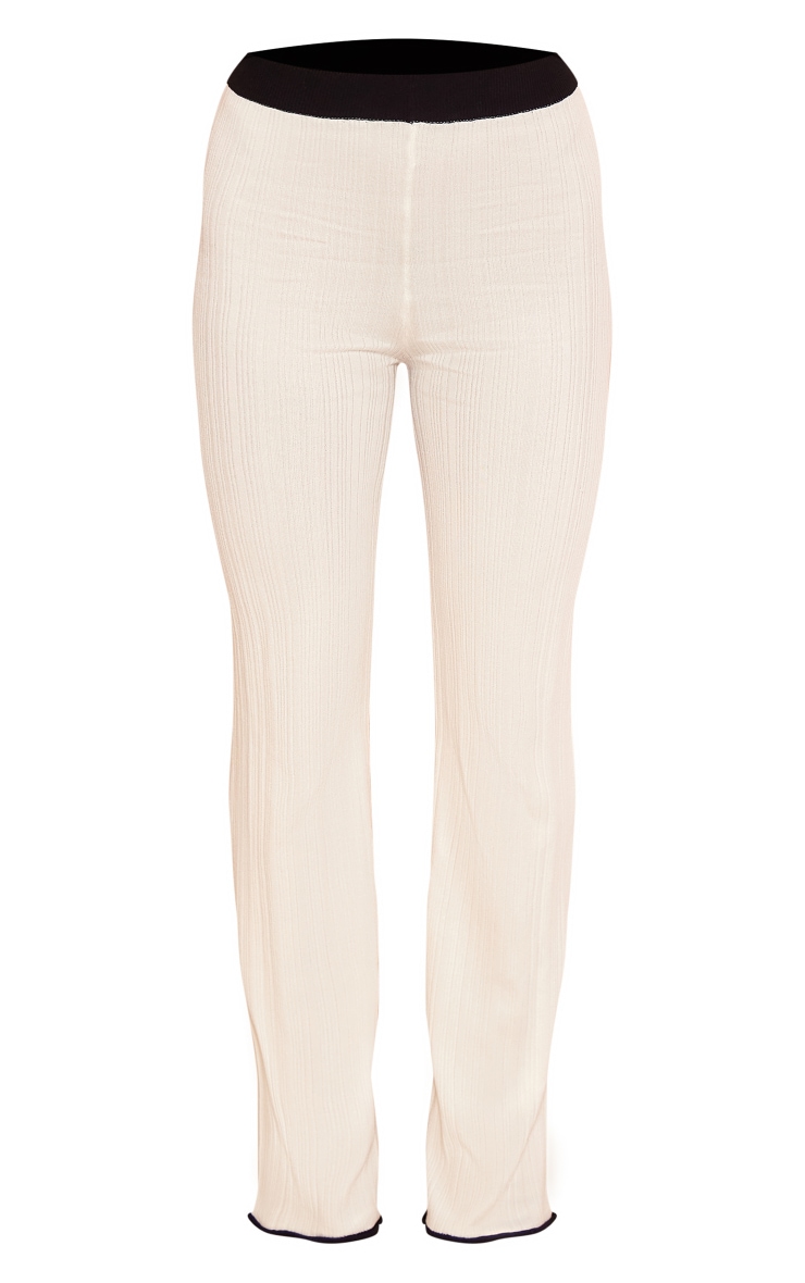 White Ribbed Knit Contrast Hem Pants image 5