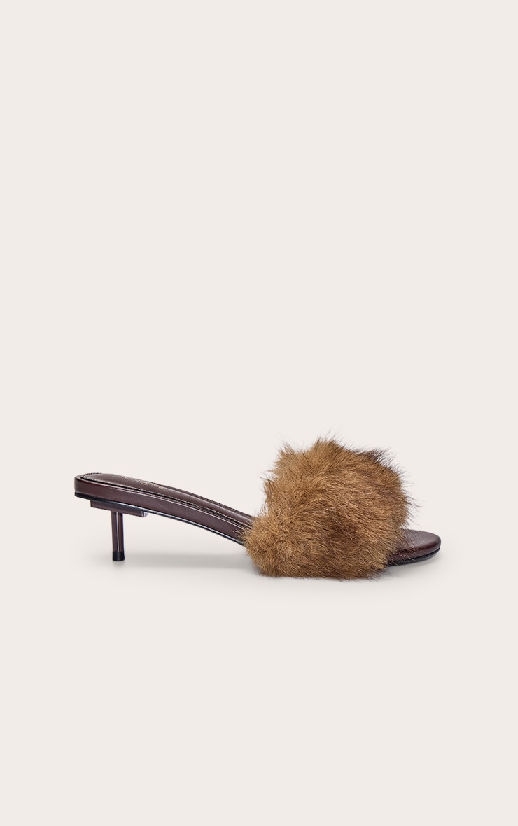 Chocolate Faux Fur Round Toe Kitten Mules image 2