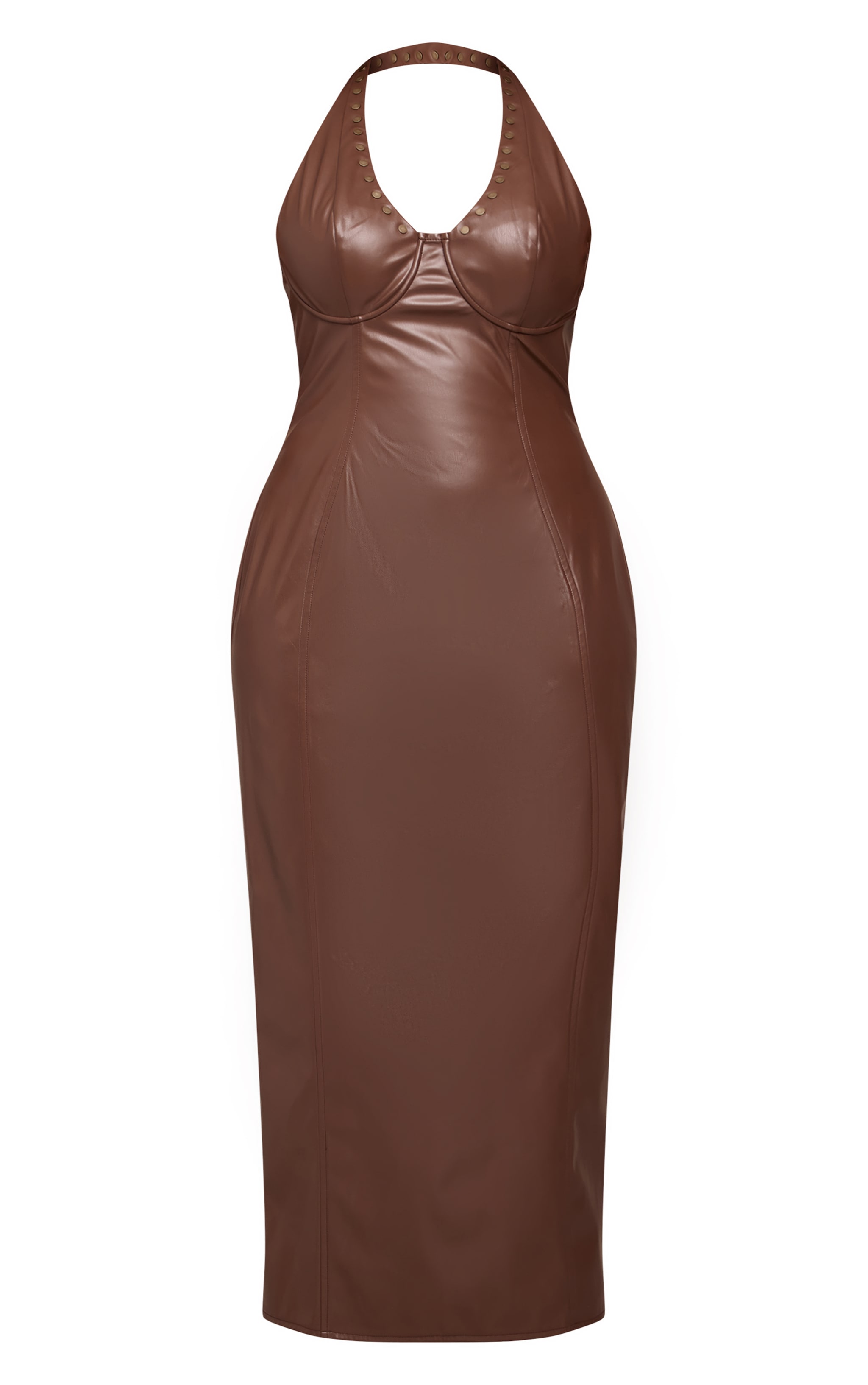 Shape Chocolate Faux Leather Studded Halter Neck Maxi Dress image 5