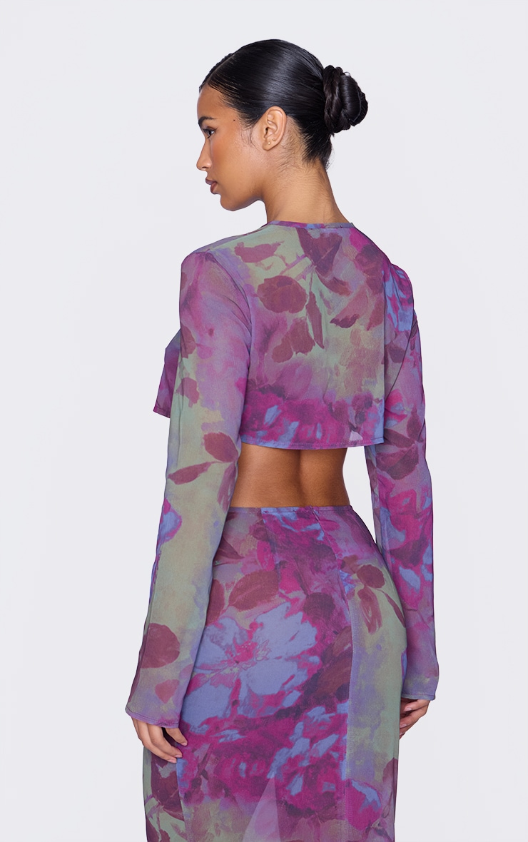 Multi Floral Print Chiffon Cropped Blouse image 2