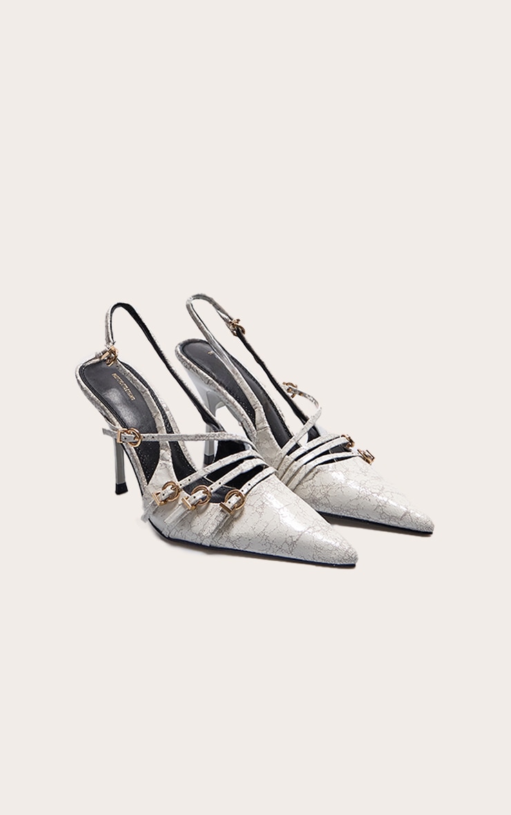 White Cracked Pu Point Toe Multi Buckle Low Heeled Court Shoes image 2