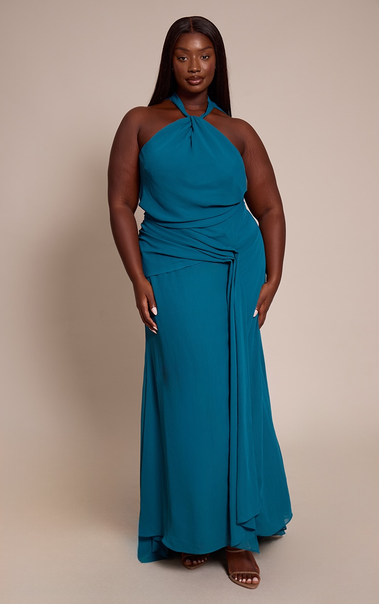 Plus Emerald Green High Neck Chiffon Maxi Dress Plus Size PLT KSA - Main Image