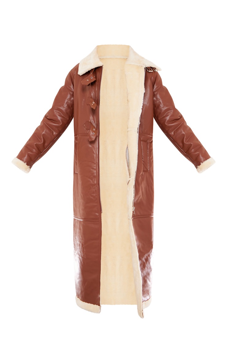 Brown Faux Leather Longline Aviator Belt Detail Coat image 5