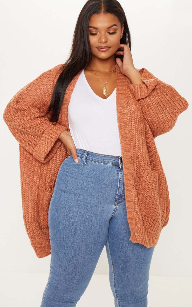 Plus Rust Oversized Pocket Detail Cardigan image 1