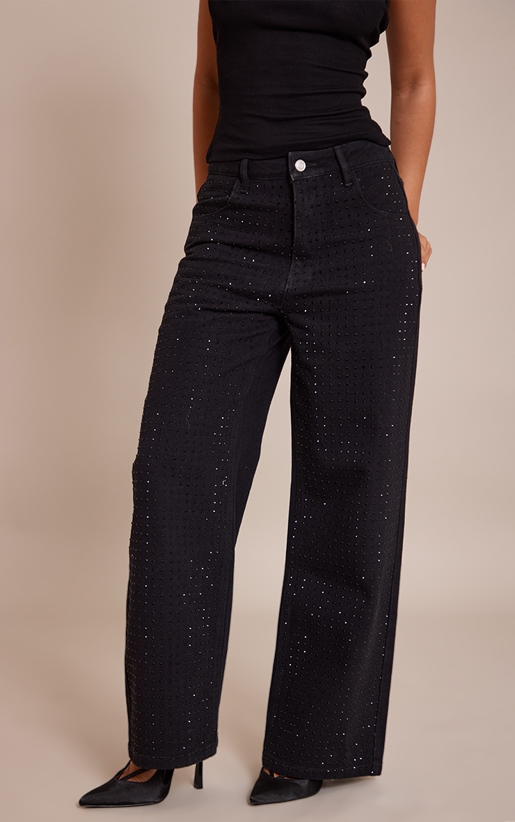 Petite Black Mid Waist Diamante Straight Leg Denim Jeans image 2