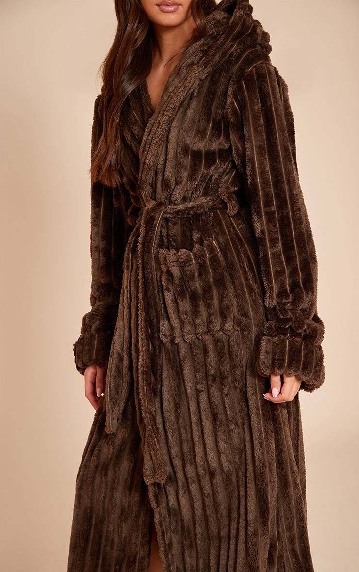 Chocolate Fleece Piping Detail Hooded Dressing Gown image 4