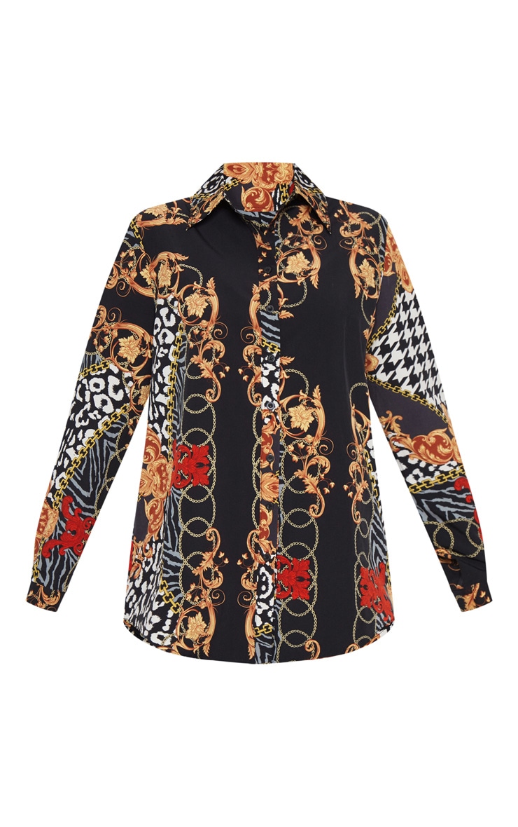 Black Mixed Print Oversized Satin Shirt image 3