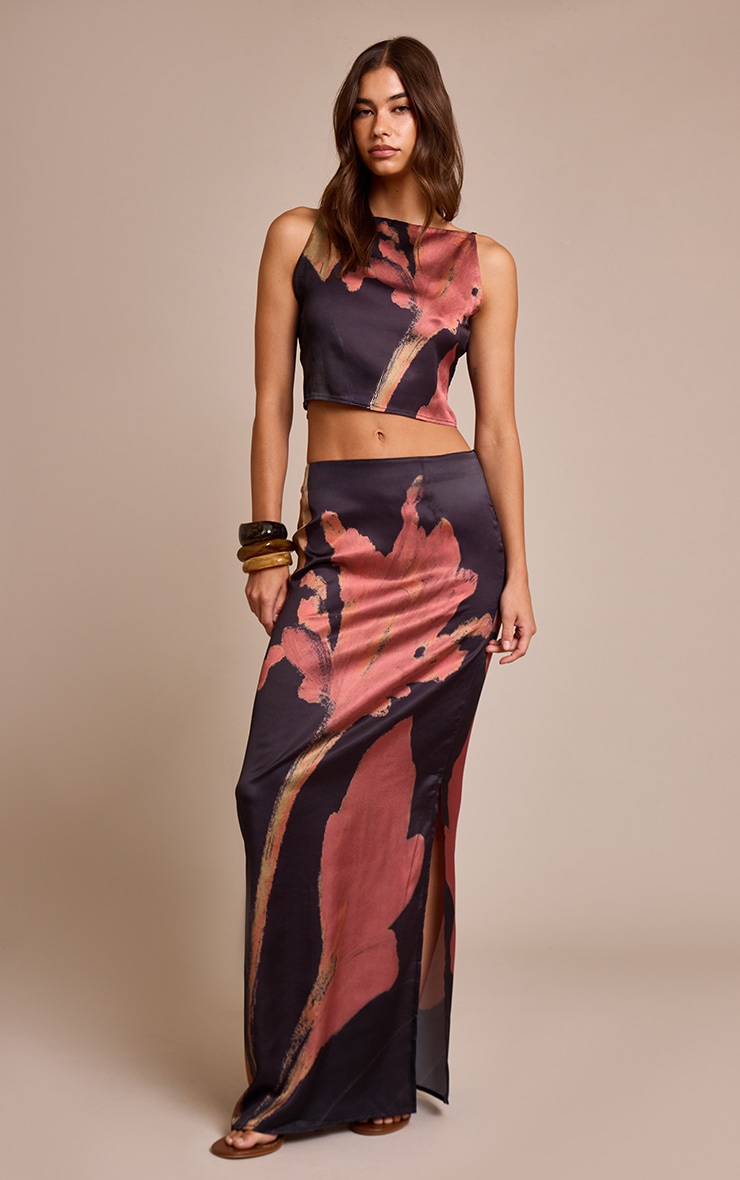 Black Floral Printed Satin Strappy Top image 3