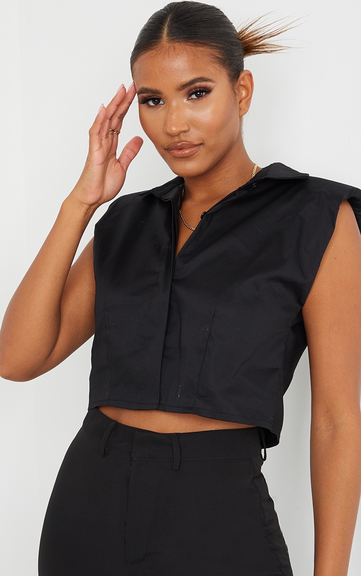 Black Woven Shoulder Pad Cropped Sleeveless Shirt