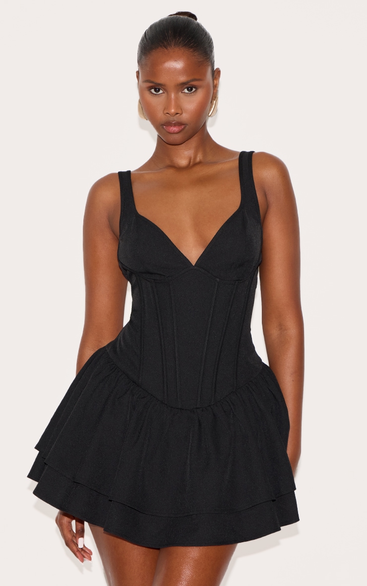 Black Woven Corset Detail Skater Skort Romper image 1