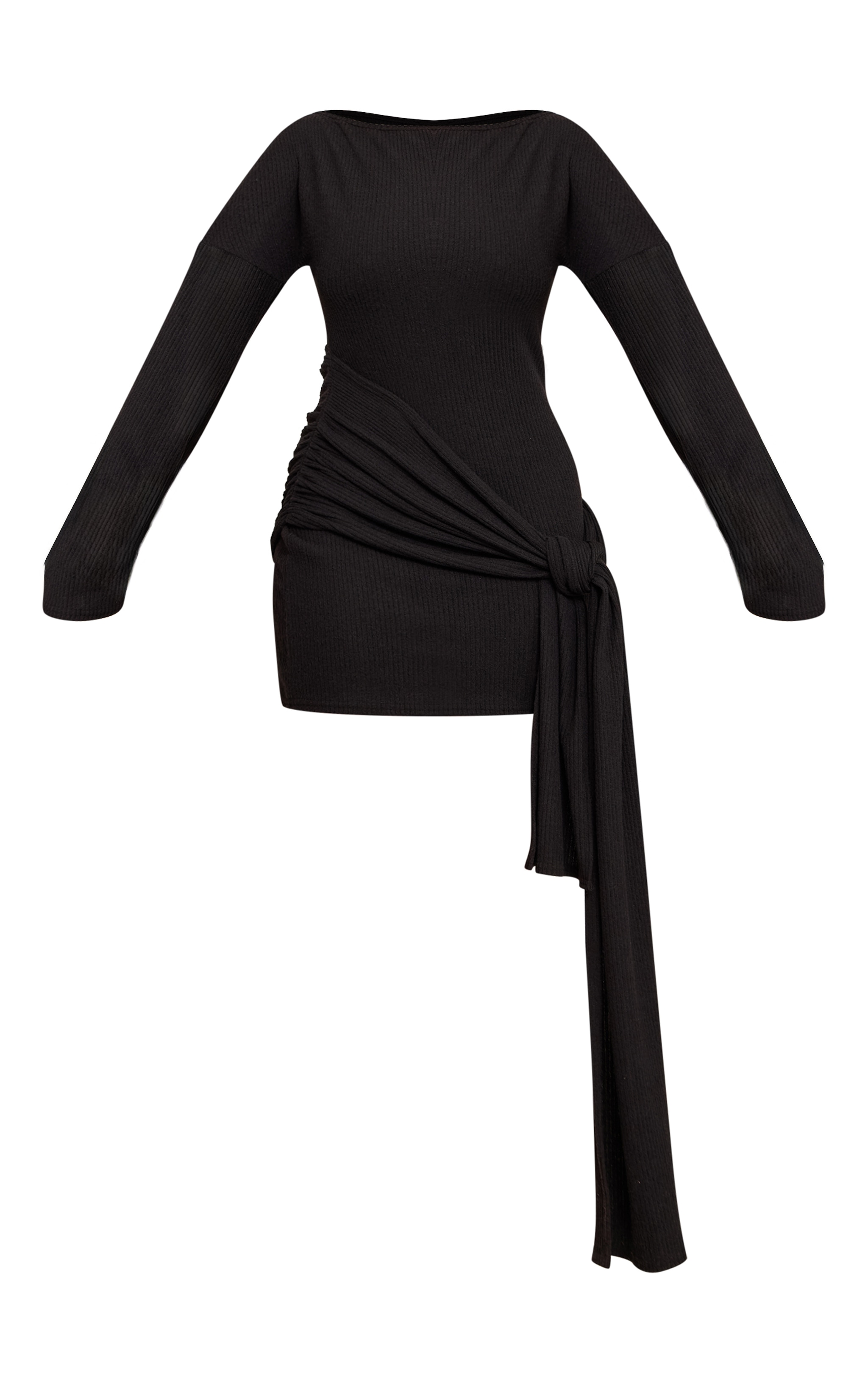 Shape Black Brushed Rib Boat Neck Wrap Waist Mini Dress image 5