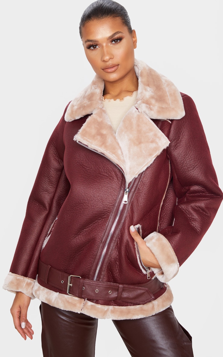 Veste aviateur oversize bordeaux à parties en fausse fourrure