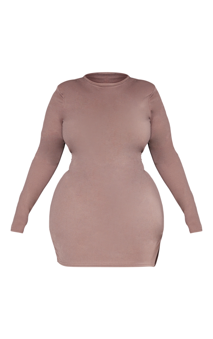 Plus Taupe Split Hem Shoulder Pad Bodycon Dress image 5