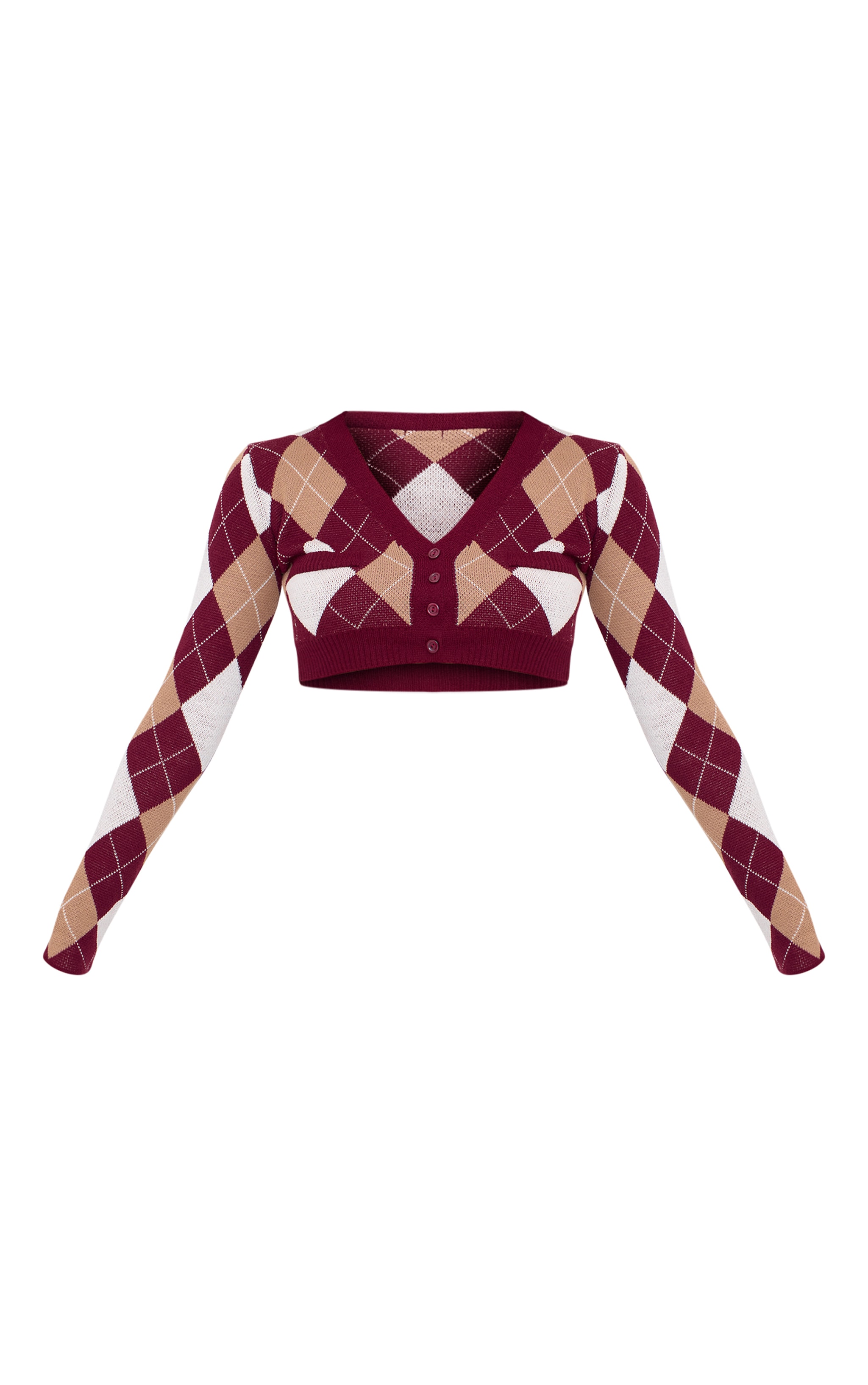 Burgundy Argyle Jacquard Knit V Neck Crop Cardigan