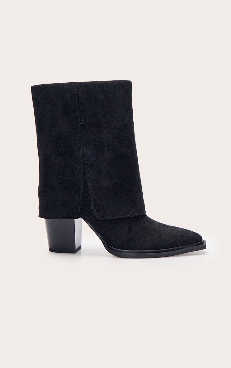 Black Faux Suede Zip Up Heeled Ankle Cowboy Boot image 2