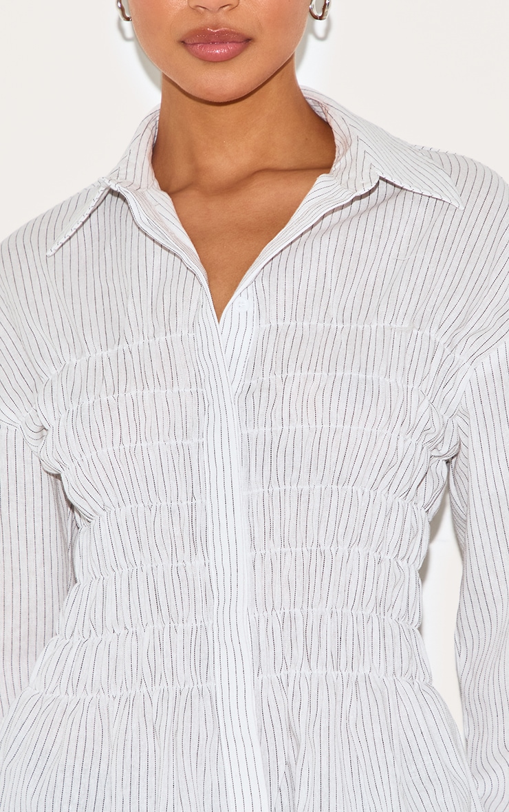 White Shirred Striped Fitted Shirt image 4