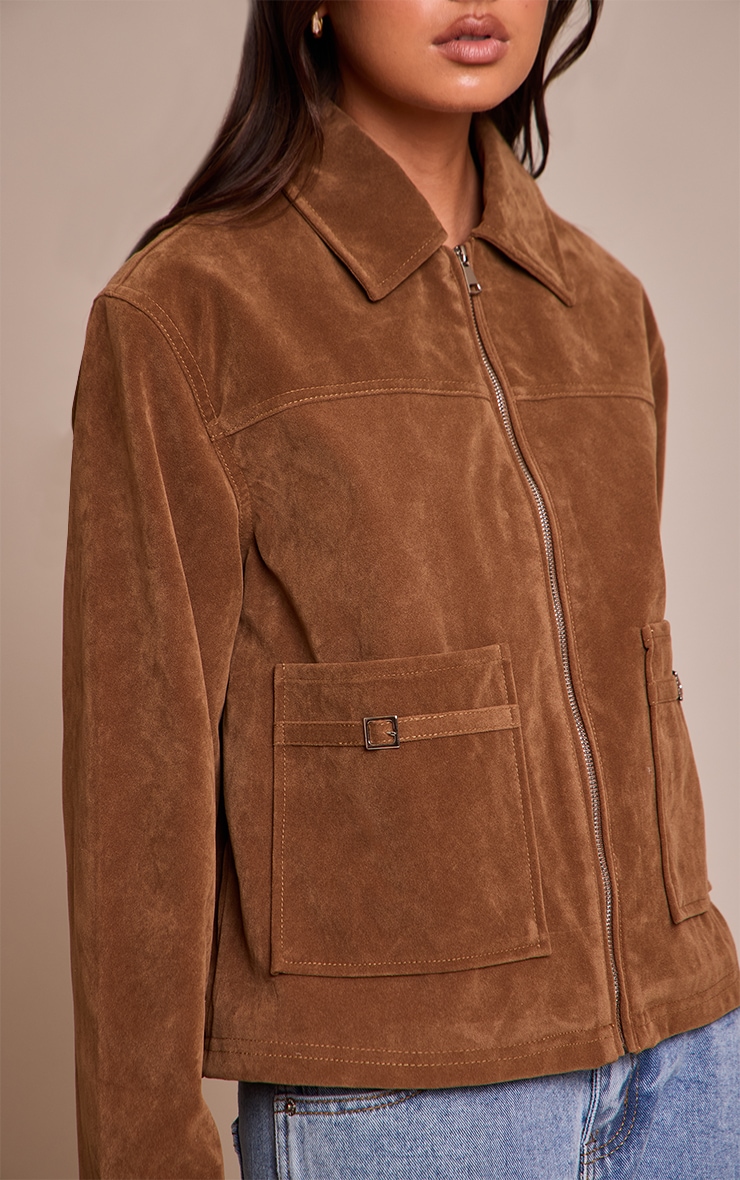 Tan Pocket Trim Faux Suede Jacket image 4