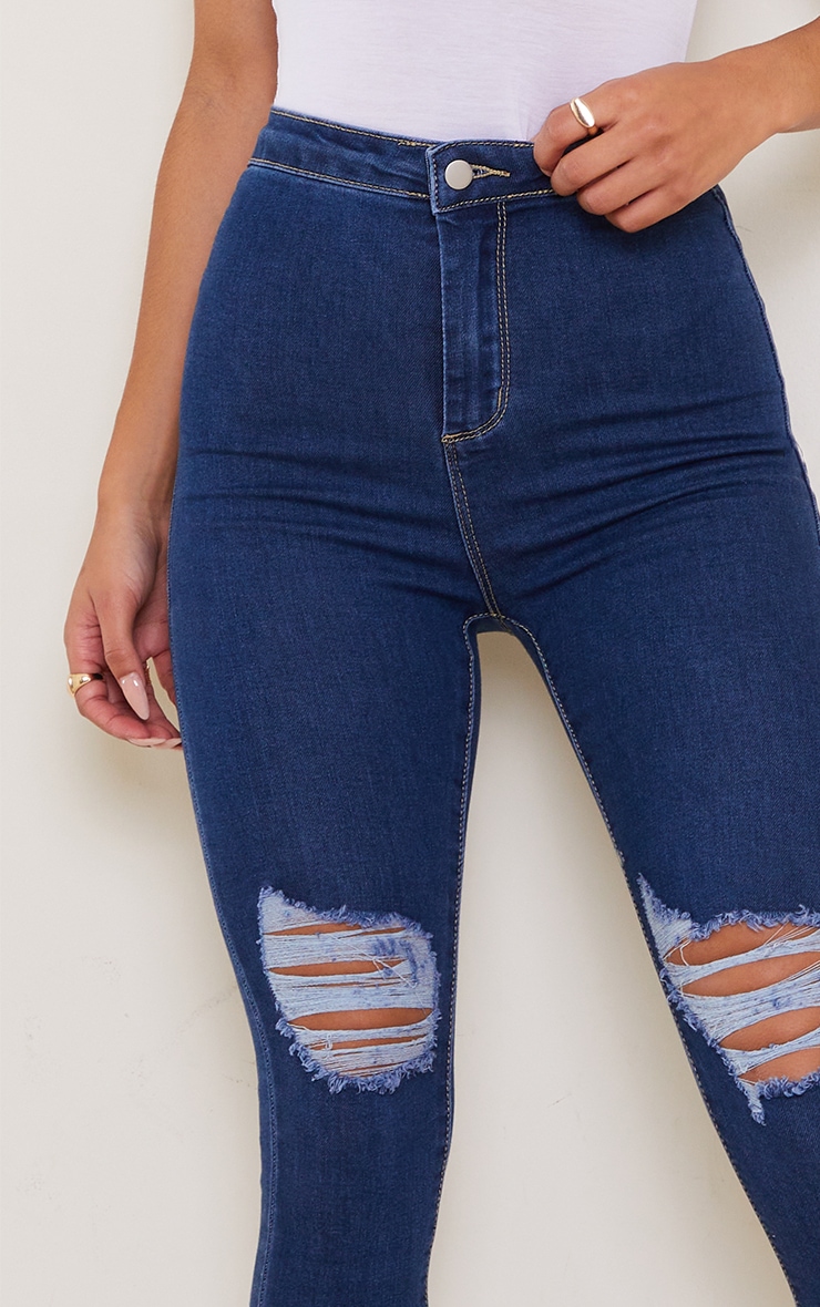 PRETTYLITTLETHING  Mid Blue Disco Knee Rip Skinny Jeans image 4