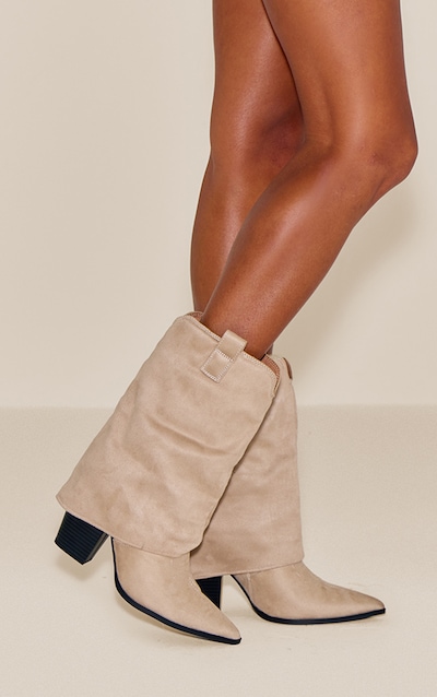 Bottines style western pointues en suédine gris pierre repliées à talon