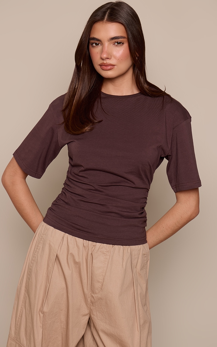 Chocolate Cotton Ruched Detail T-Shirt