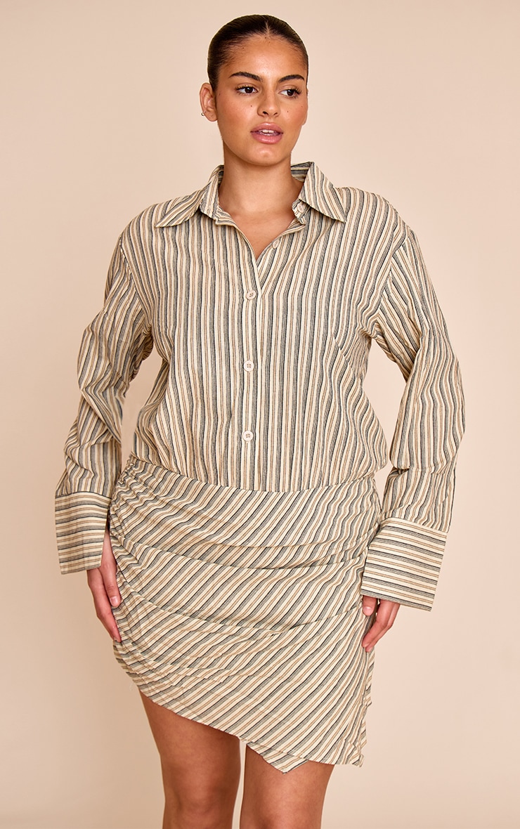 Plus Stone Linen Look Stripe Shirt Style Long Sleeve Skort Playsuit image 1