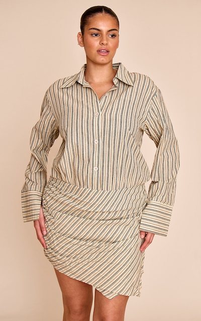 Plus Combishort jupe-short style chemise en effet lin gris pierre à rayures et manches longues