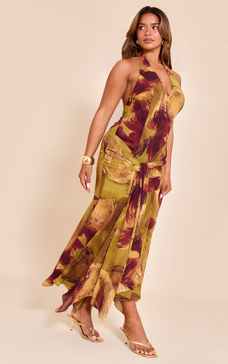 Shape Green Marble Print Halterneck Wrap Waist Maxi Dress image 1