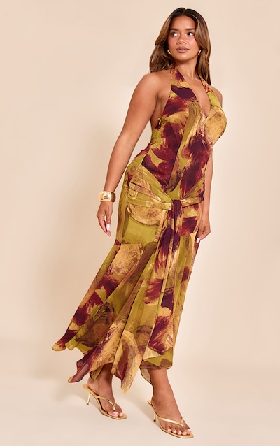 Shape Green Marble Print Halterneck Wrap Waist Maxi Dress