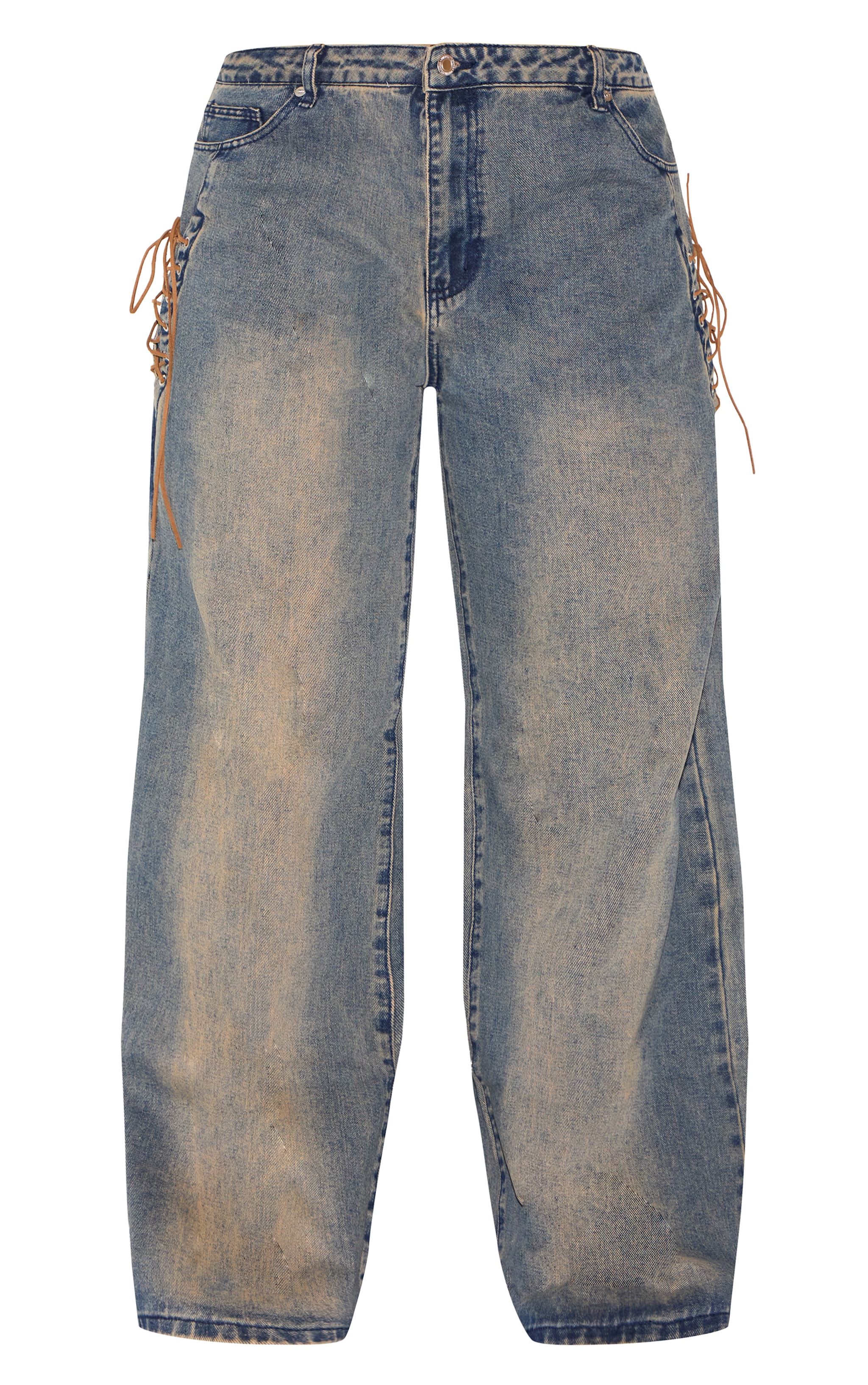 Plus Dark Blue Wash Lace Up Detail Wide Leg Jeans image 5