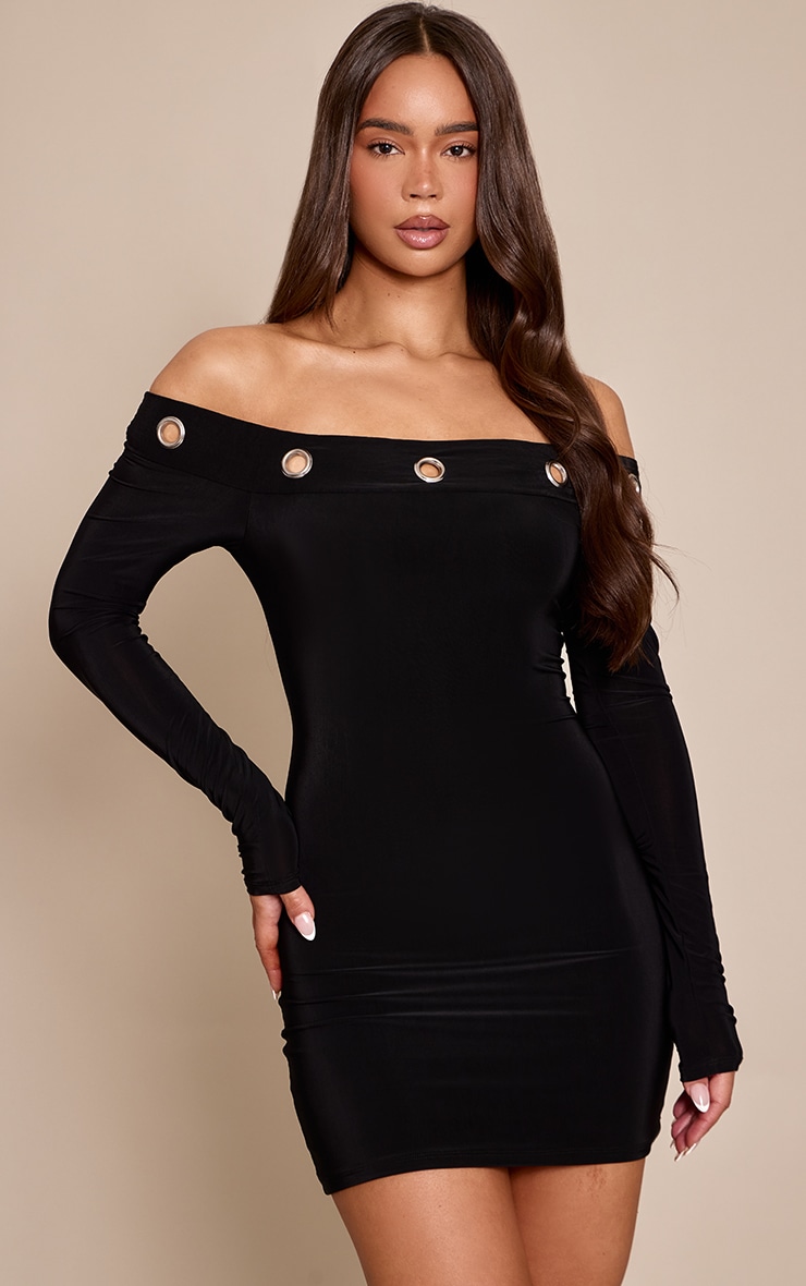 Black Double Layer Slinky Eyelet Bardot Long Sleeve Mini Dress image 1