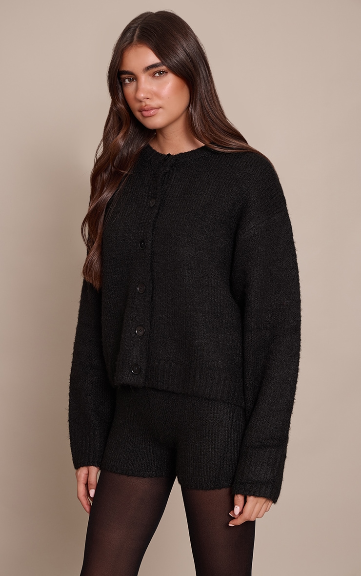 Black Brushed Oversized Detail Round Neck Cardigan image 1