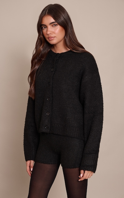 Black Brushed Oversized Detail Round Neck Cardigan