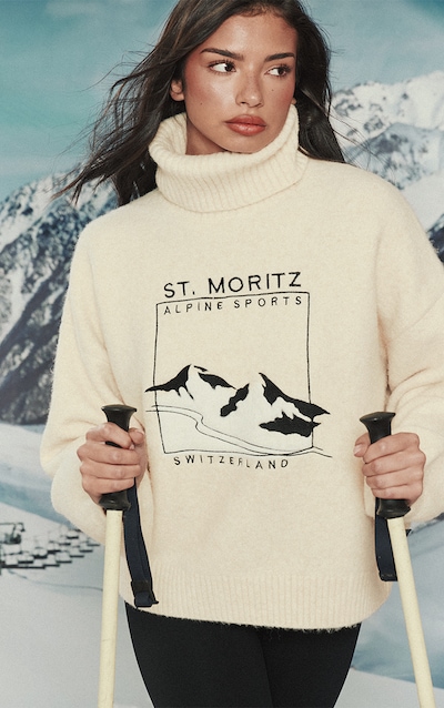 Cream Moritz Slogan Roll Neck Knitted Jumper
